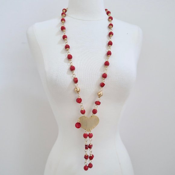 NATTY VALDEZ Red bead necklace w Heart pendant - Picture 1 of 3